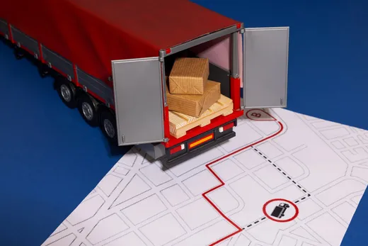 Camion de déménagement chargé et itinéraire tracé d'un point A vers un point B sur un plan